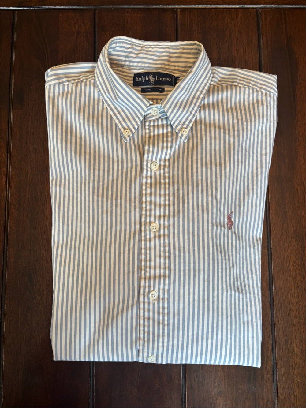 Ralph Lauren Light Blue and White Striped Button-Down Long Sleeve Shirt Cotton L